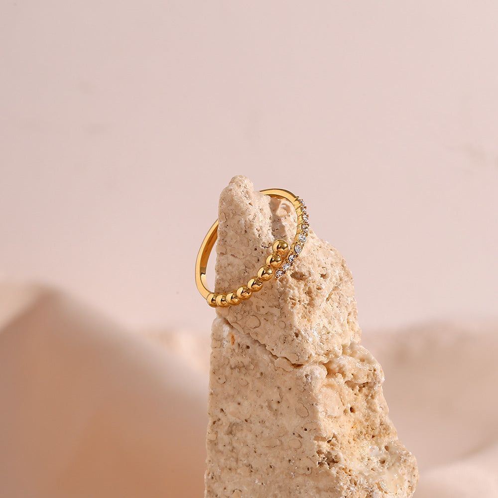 Women's Stainless Steel Asymmetric Beads Open-end Zircon Ring - Jointcorp