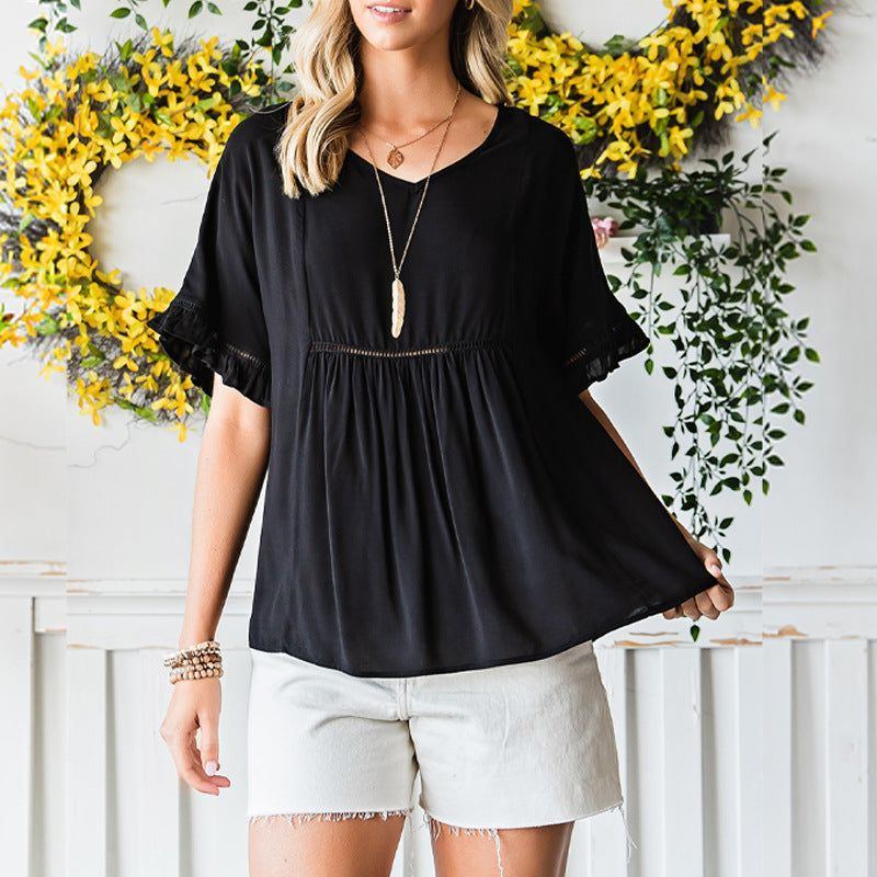 V-neck Ribbon Ruffle Top Women's Short-sleeved Pullover