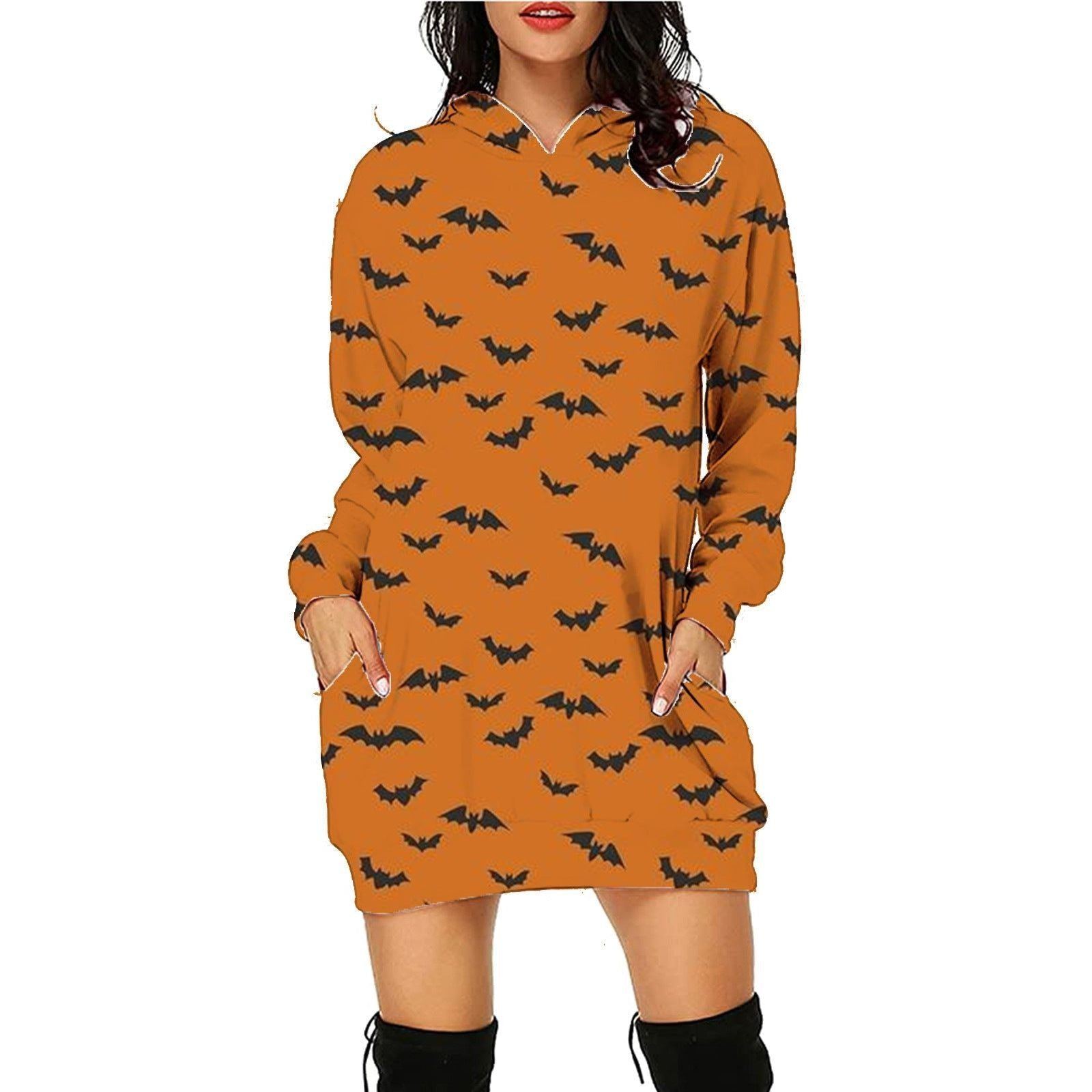 Halloween Print Long Hoodie With Pockets Sweater Long Sleeve Clothes Women - Jointcorp