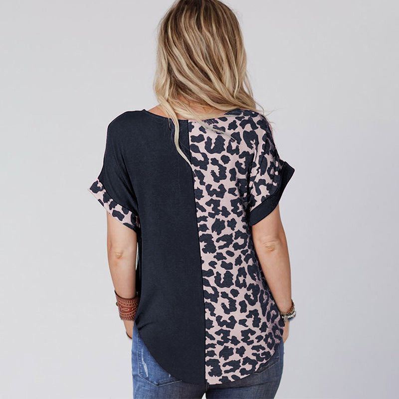 Leopard Print Contrast Color Printed Pullover Women New Fashion Round Neck Loose Short Sleeve T-shirt Women - Jointcorp