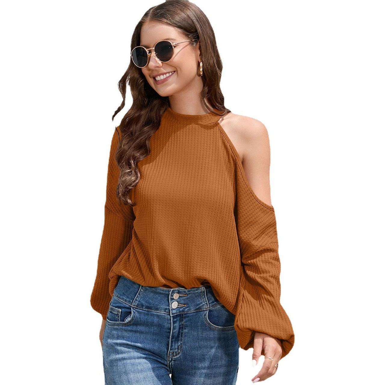 Off-the-shoulder Long Sleeve Crew Neck T-shirt Top Women