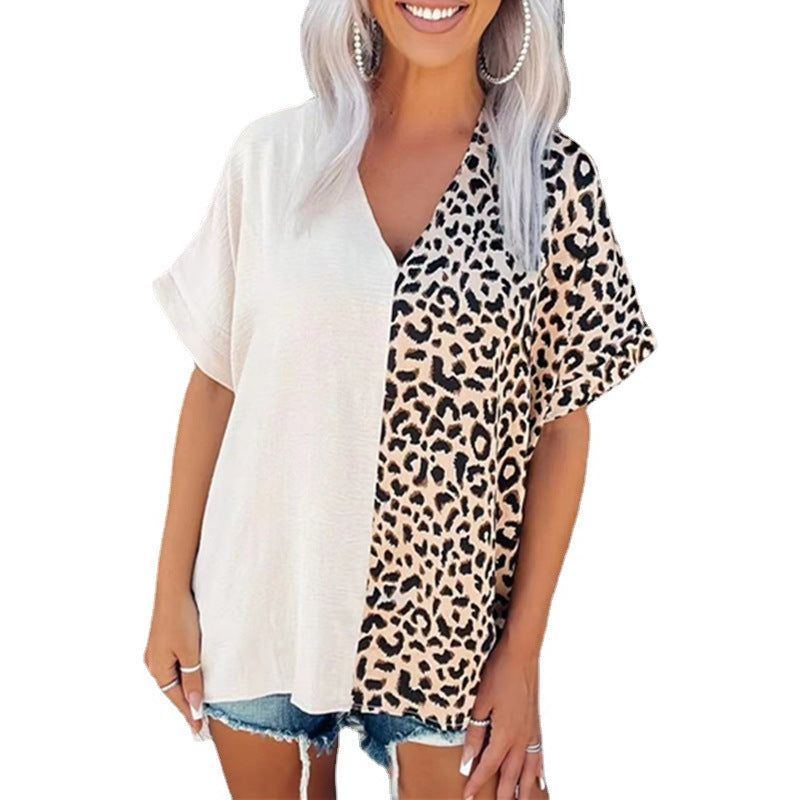 Border Springsummer Style Leopard Splicing Pullover V-neck Short Sleeve Casual Women's T-shirt - Jointcorp