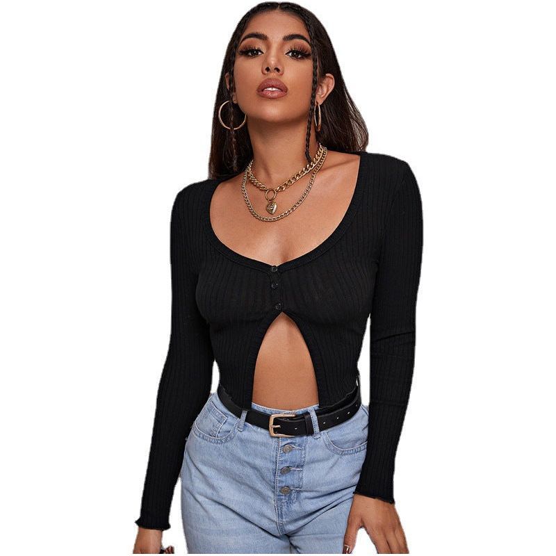 Long Sleeved Crop Cardigan Top Sexy Button Knit T-shirt