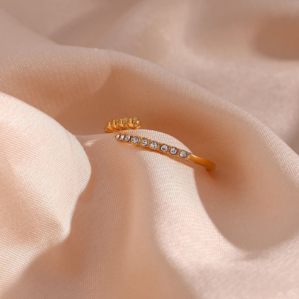 Women's Stainless Steel Asymmetric Beads Open-end Zircon Ring - Jointcorp