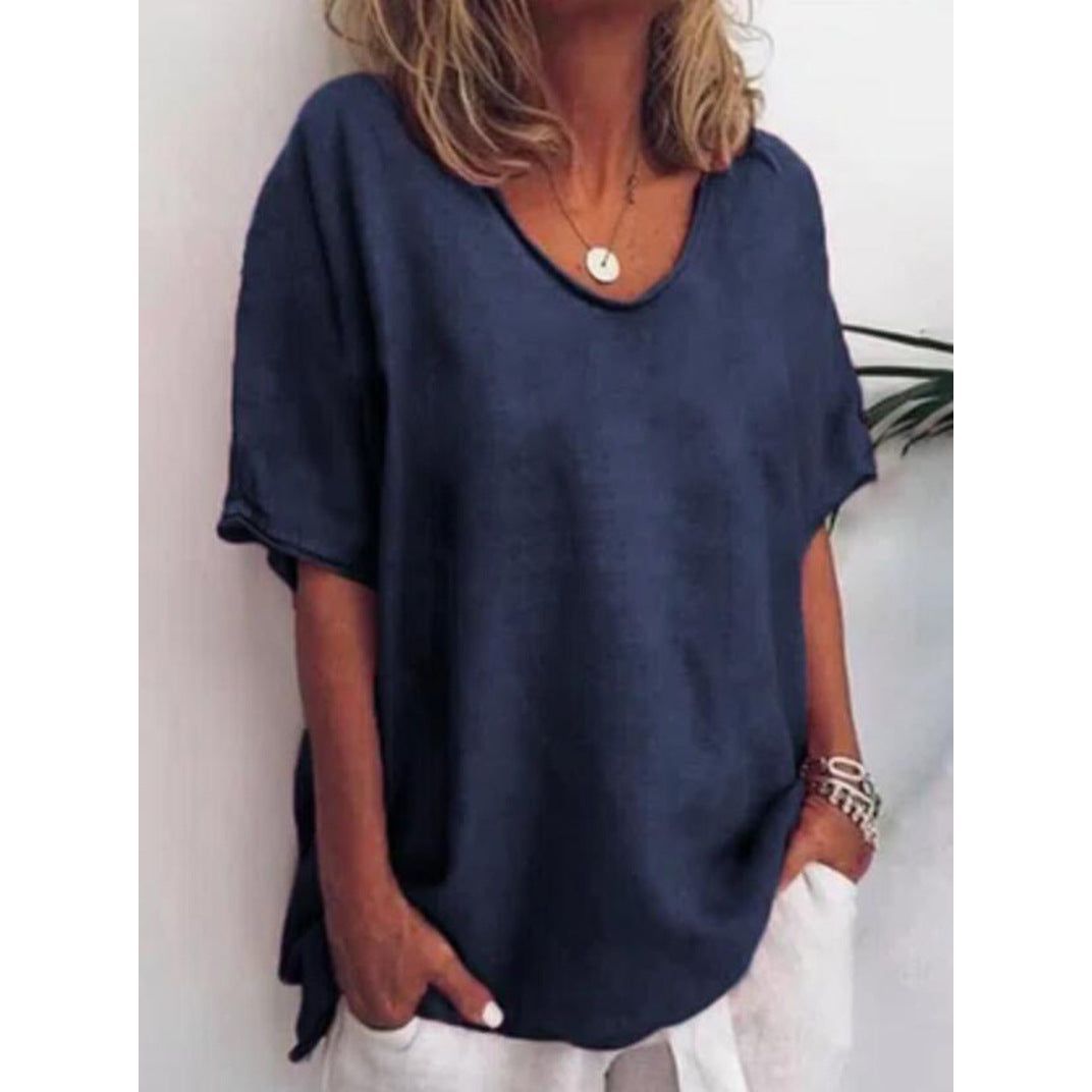 Cotton And Linen Solid Color Short-sleeved T-shirt Women's Casual Coat