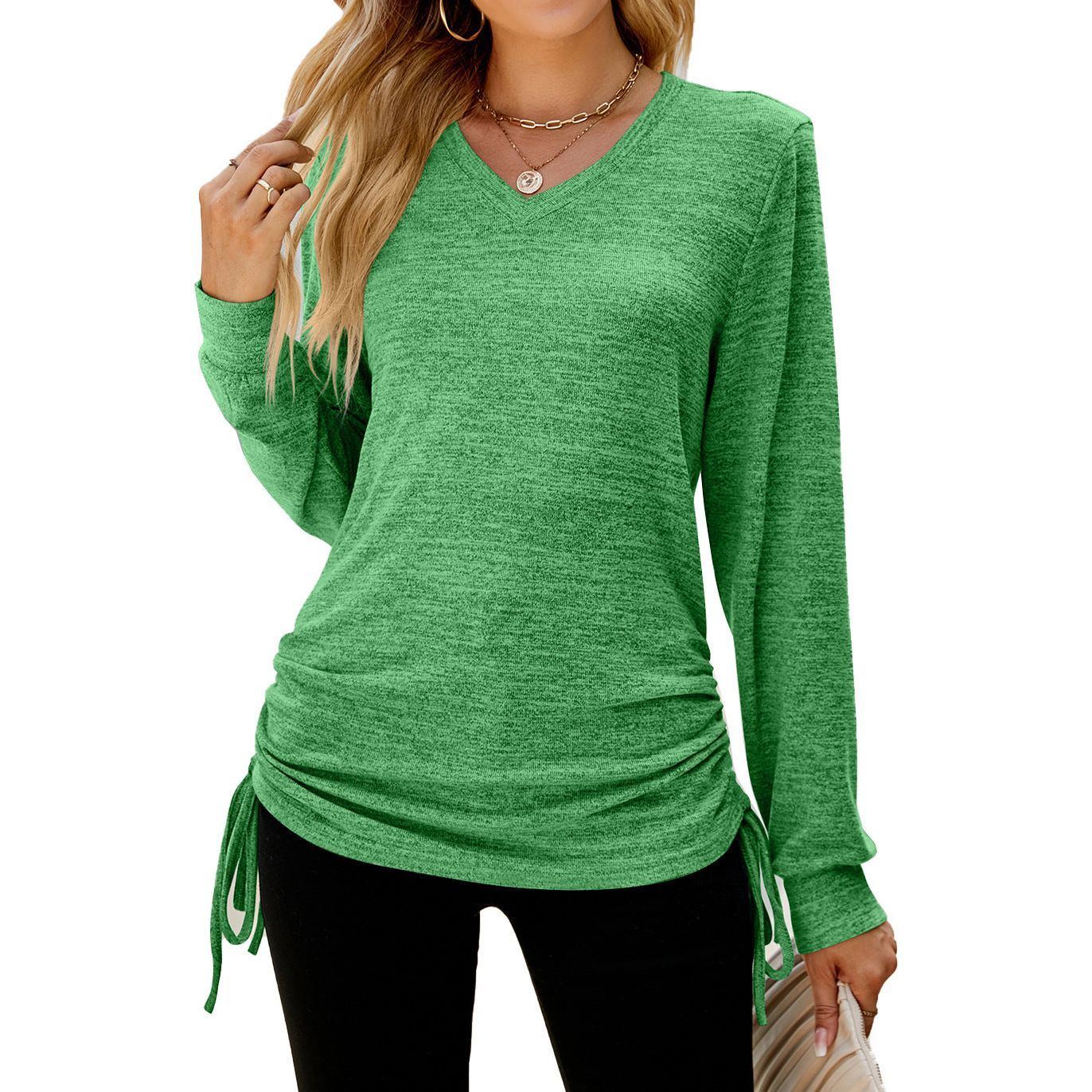 Women's Top Solid Color V-neck Hem Lace-up Long-sleeved Women's T-shirt