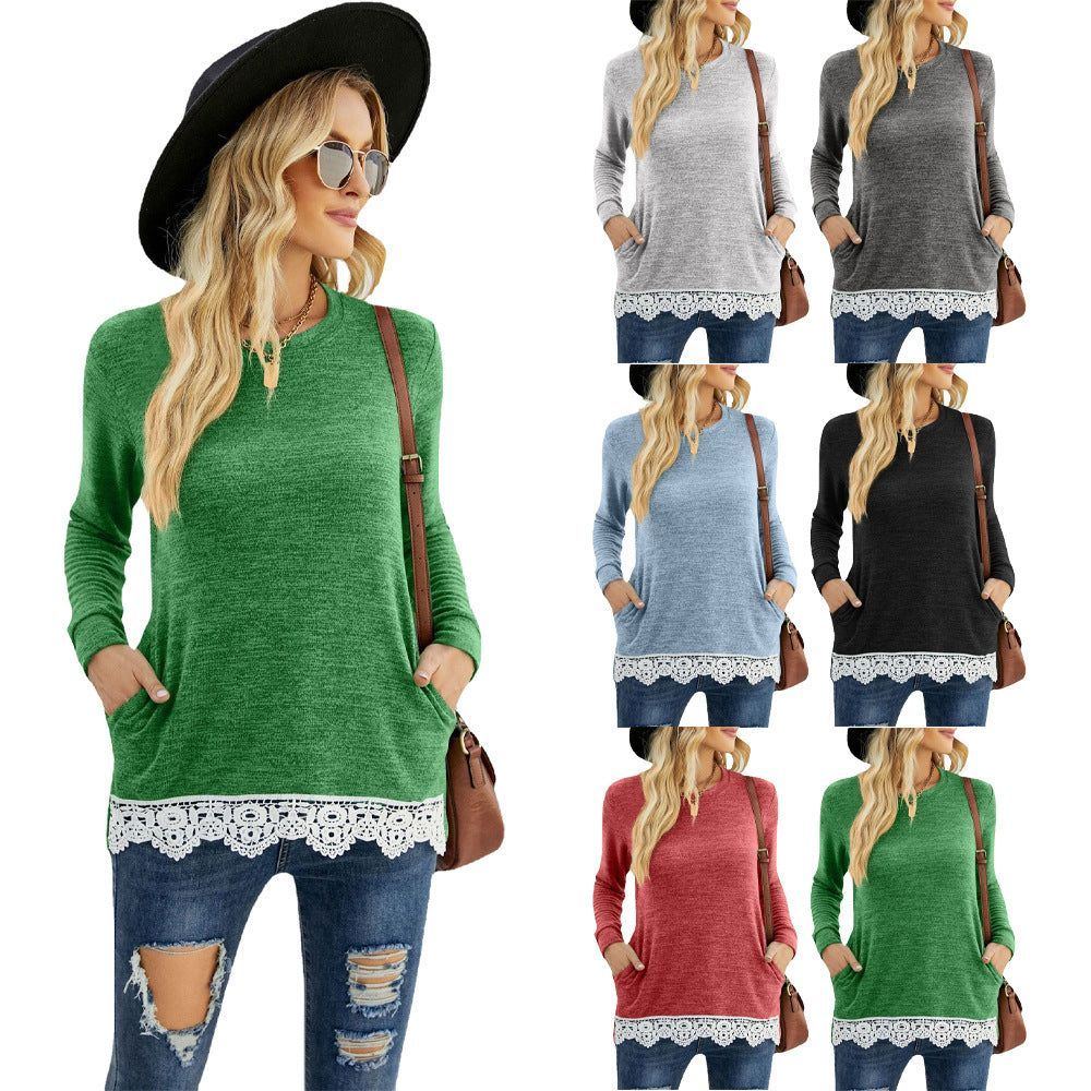 Round Neck Loose Leisure Pullover Pocket T-shirt Lace Stitching Coat
