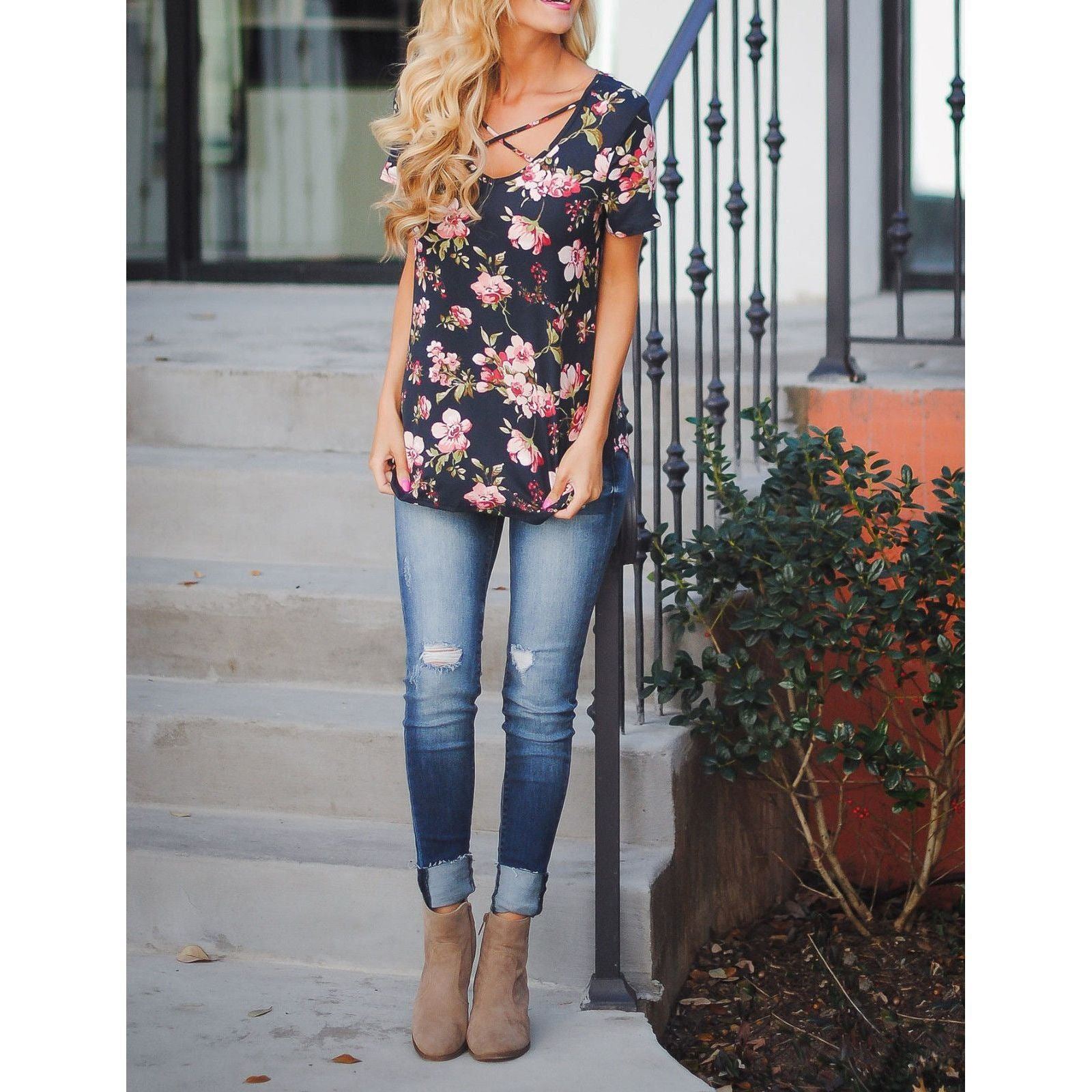 Flower Print Cross Front Short Back Long T-shirt