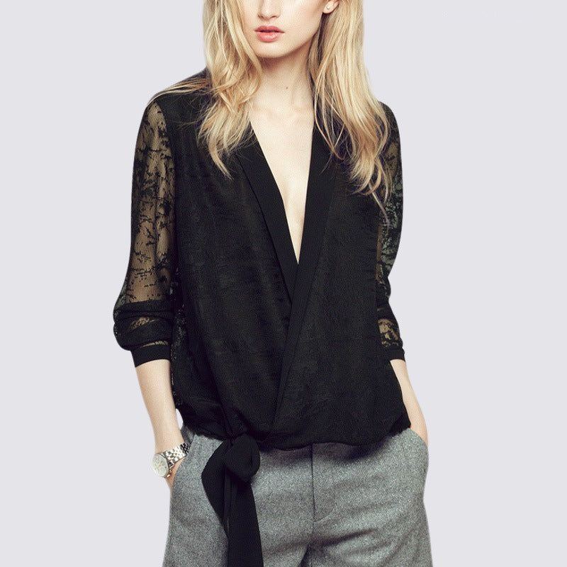 Loose Deep V-neck Hollow-out Long Sleeve Stitching Mesh Top - Jointcorp