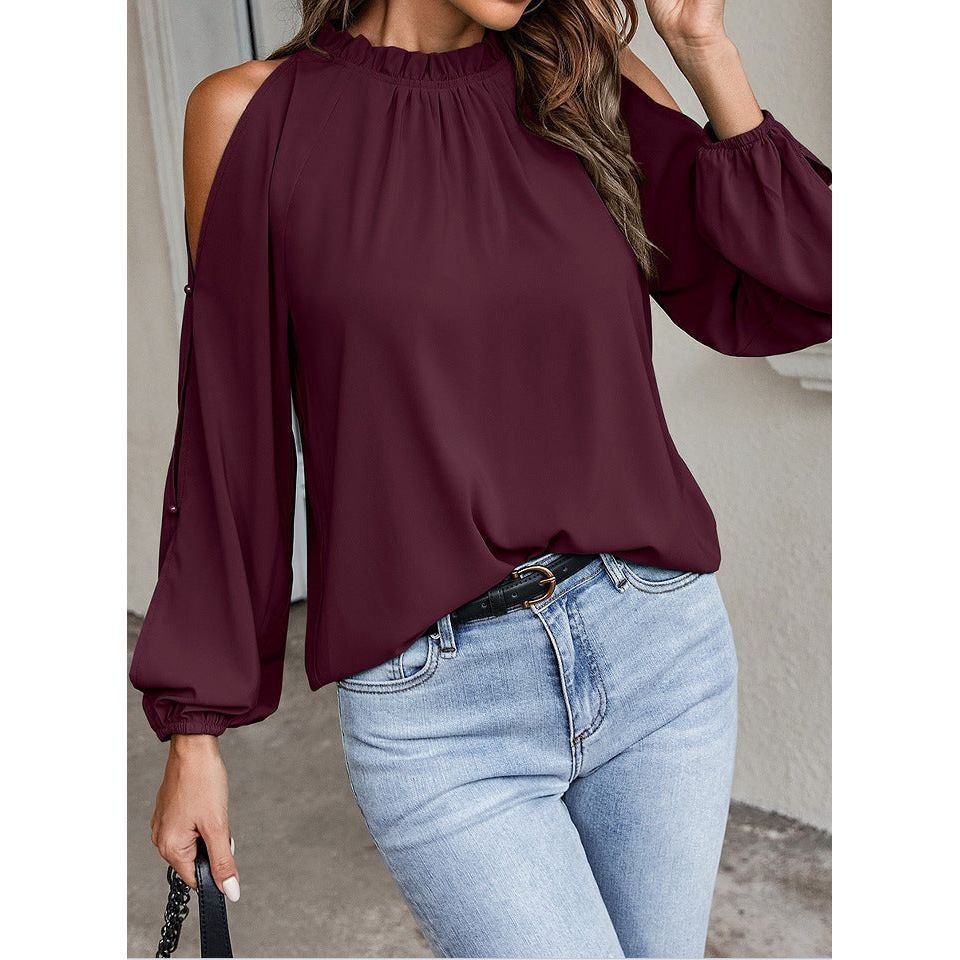 Ruffle Round Neck Long Sleeve Pleated Off-shoulder Top