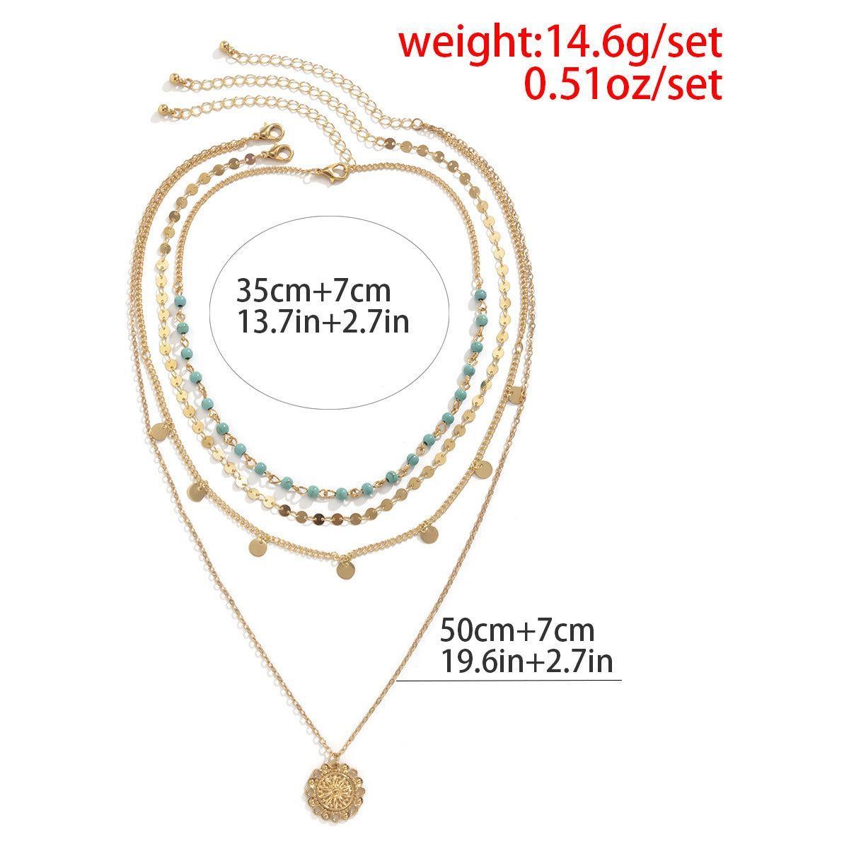 Simple Slim Chain Turquoise Beaded Flower Disk Pendant Necklace For Women - Jointcorp