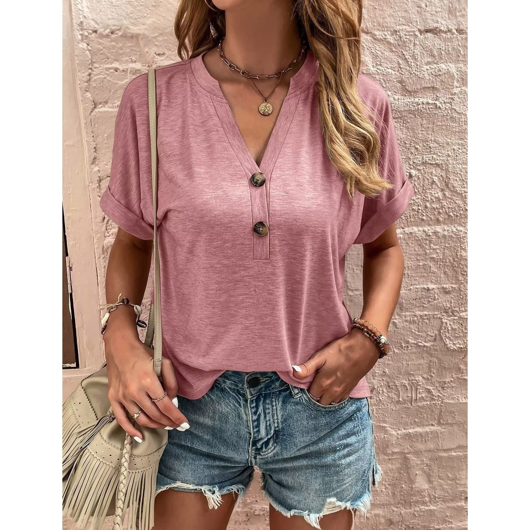 European And American Spring And Summer Solid Color Button Fashion T-shirt