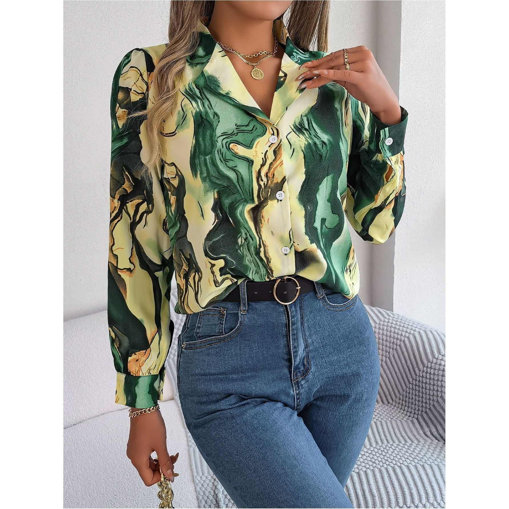 Casual Contrast Color Striped Shirt Suit Collar Long Sleeve Shirt