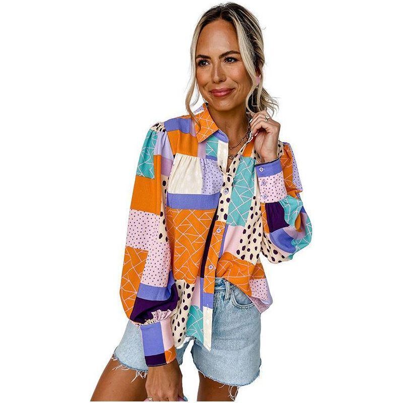 Abstract Geometric Printed Lantern Sleeve Single-breasted Shirt