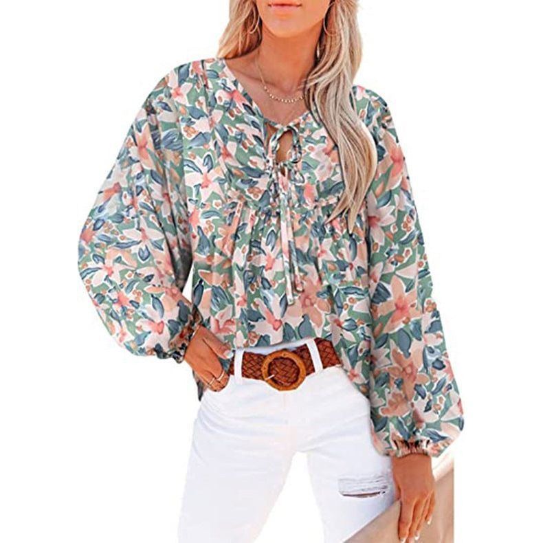 Women's New V-neck Casual Floral Lace-up Shirt Top - Jointcorp