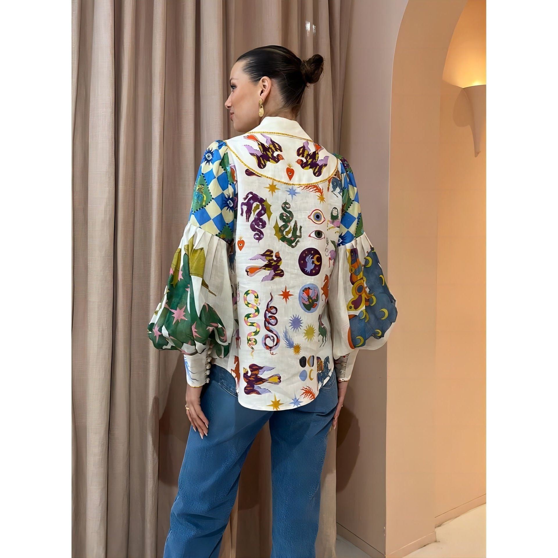 Personalized Graffiti Printing Lapel Lantern Sleeve Cardigan Shirt - Jointcorp