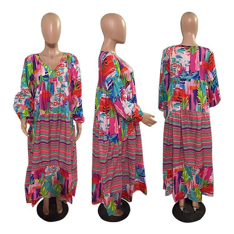 Oversized V-neck Printed Dress Retro French Women - Jointcorp