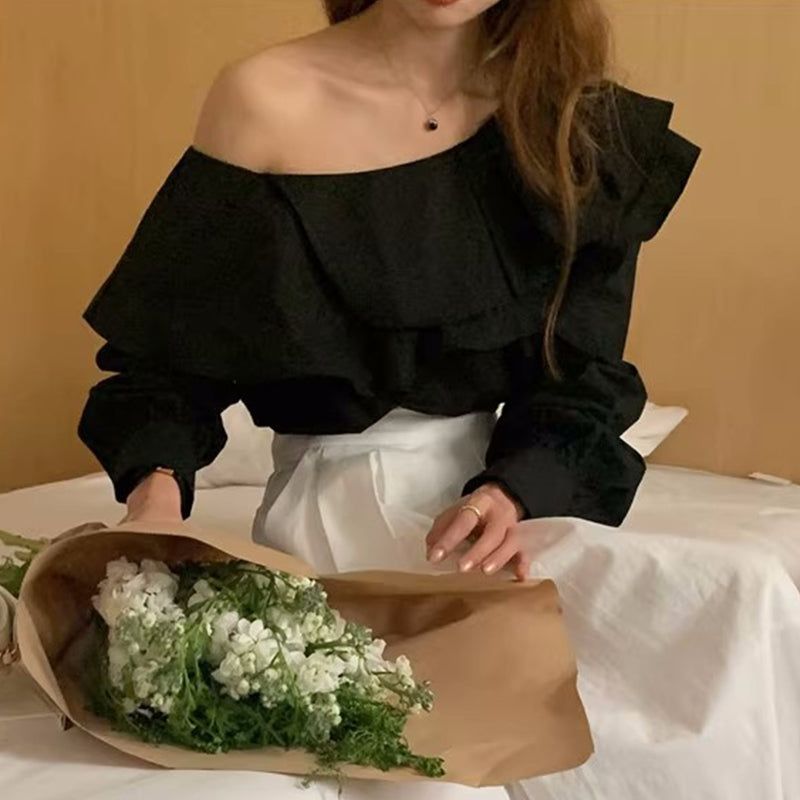 Elegant Irregular Slash Collar Stitching Double Layer Blouse - Jointcorp