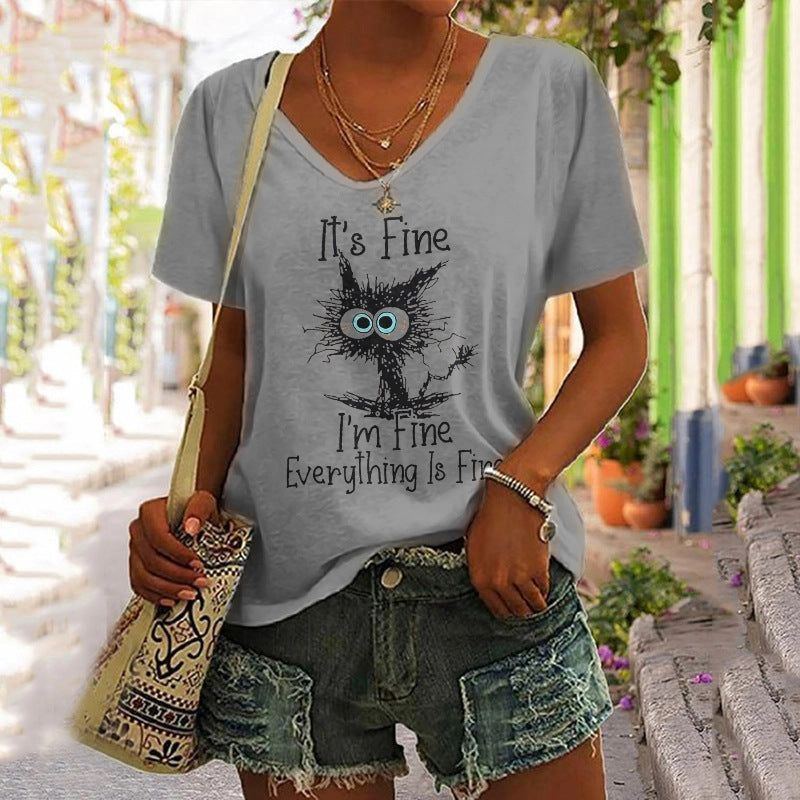 European And American Women's Clothing New Top Loose V-neck Digital Printed Short Sleeve T-shirt