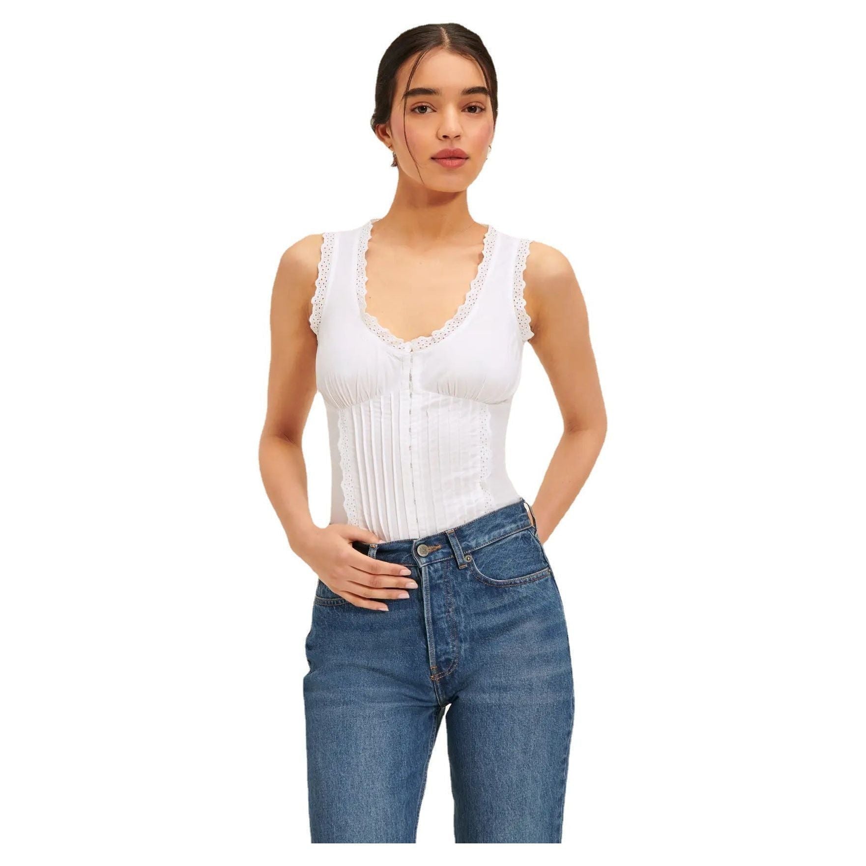 New Embroidered Lace Sweet U-collar Slim-fit Tank Top