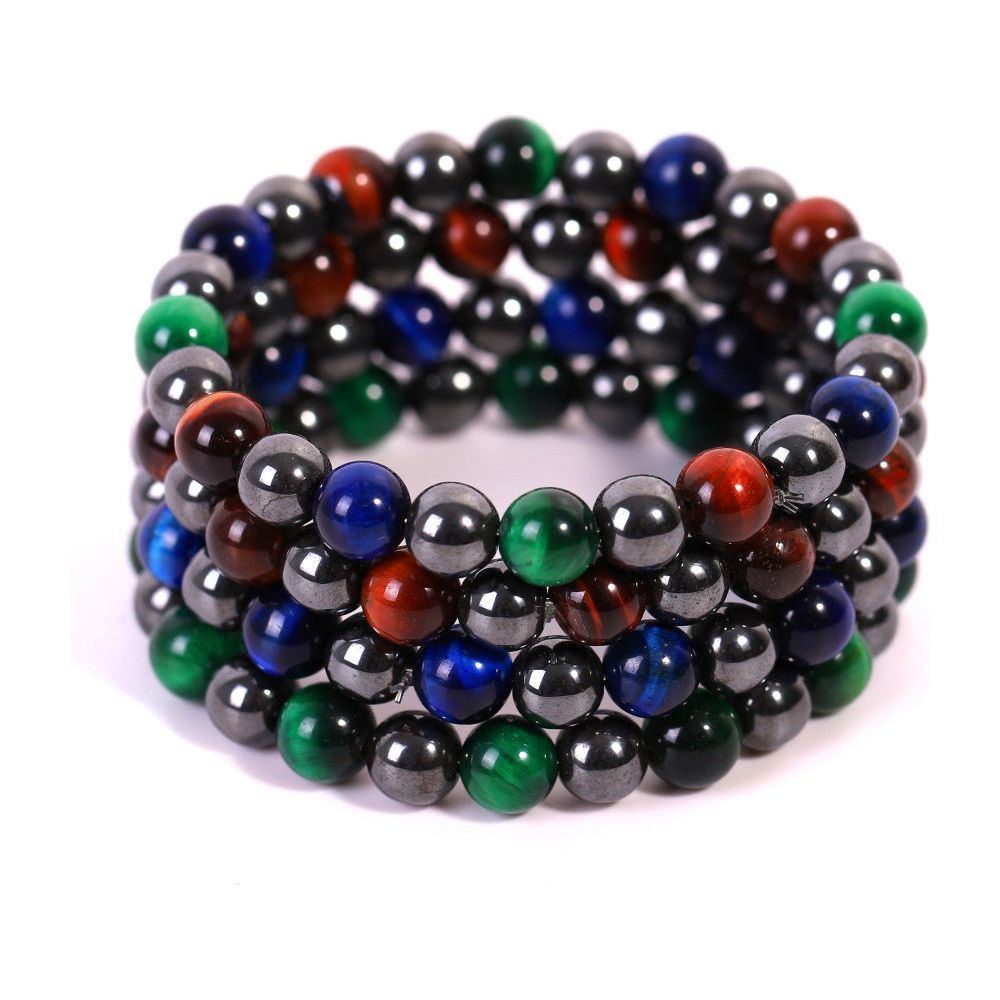 Black Magnet Bright Stone Tricolor Red Green Blue Tigereye Beaded Bracelet - Jointcorp