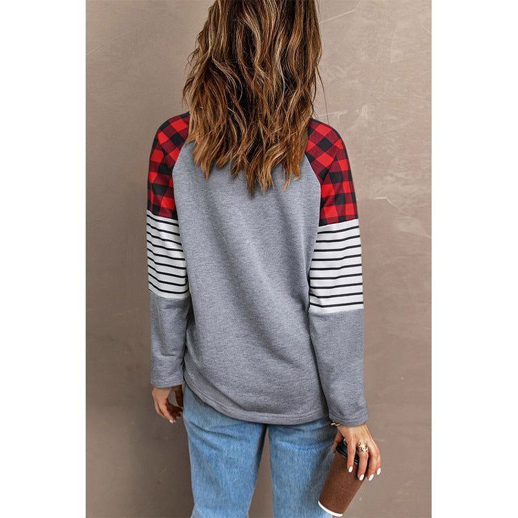 Women's Plaid & Striped Top w/ Color Matching, Long Sleeve.