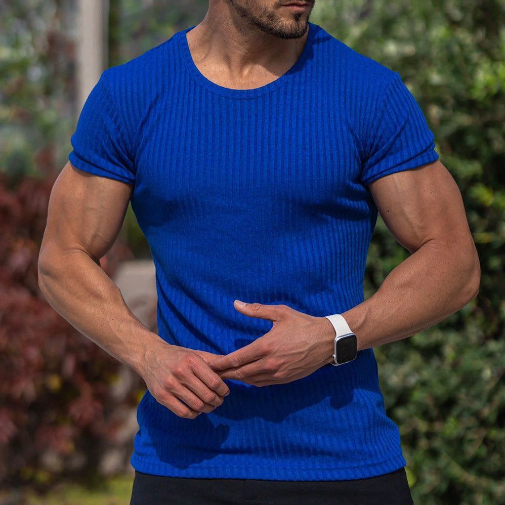 Men's Summer Sports Fitness Casual Stand Collar Elastic Vertical Bar Round Neck Short Sleeve T-shirt - Jointcorp