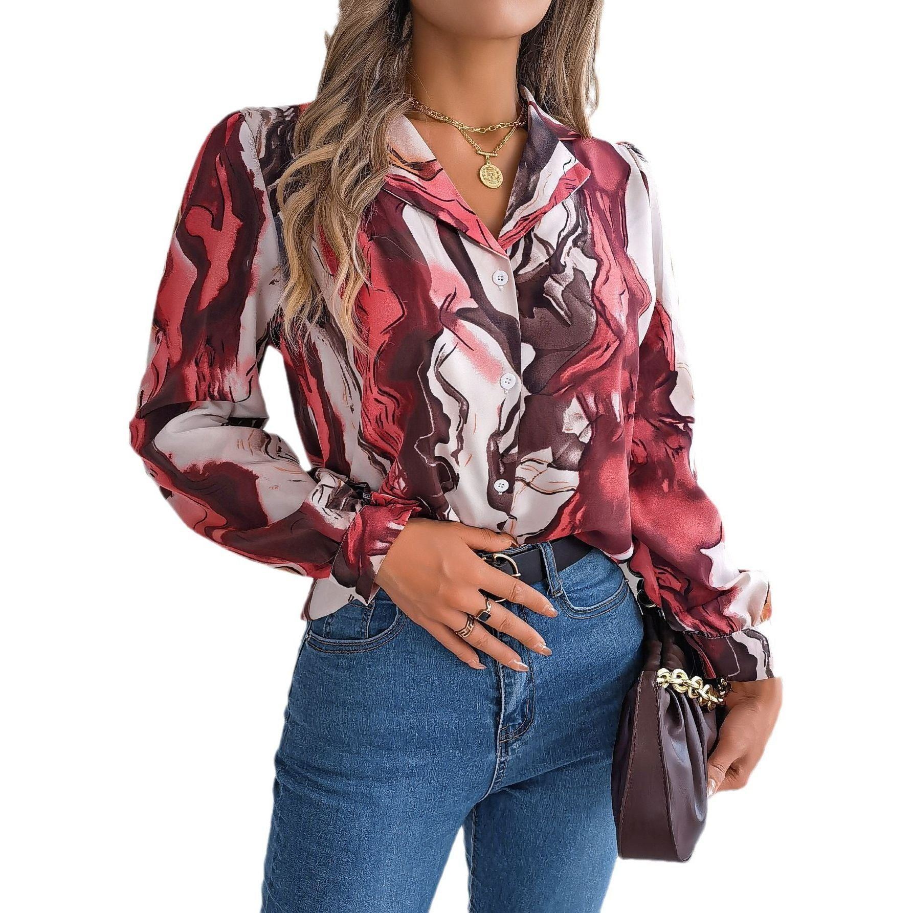 Casual Contrast Color Striped Shirt Suit Collar Long Sleeve Shirt