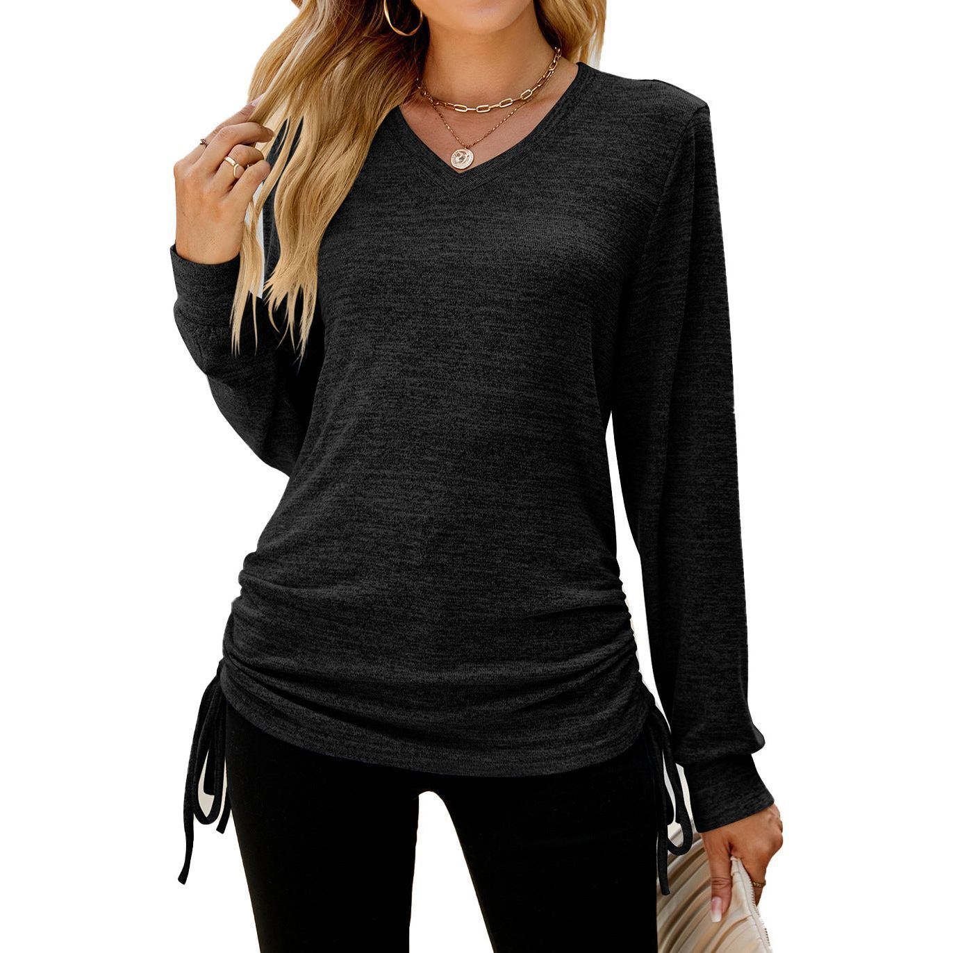 Women's Top Solid Color V-neck Hem Lace-up Long-sleeved Women's T-shirt