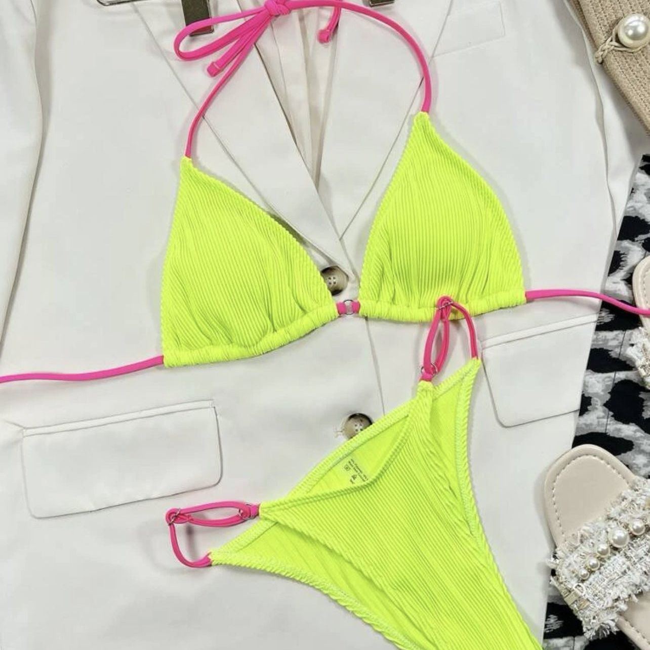 Solid Plaid Velvet Bikini Swimsuit Women