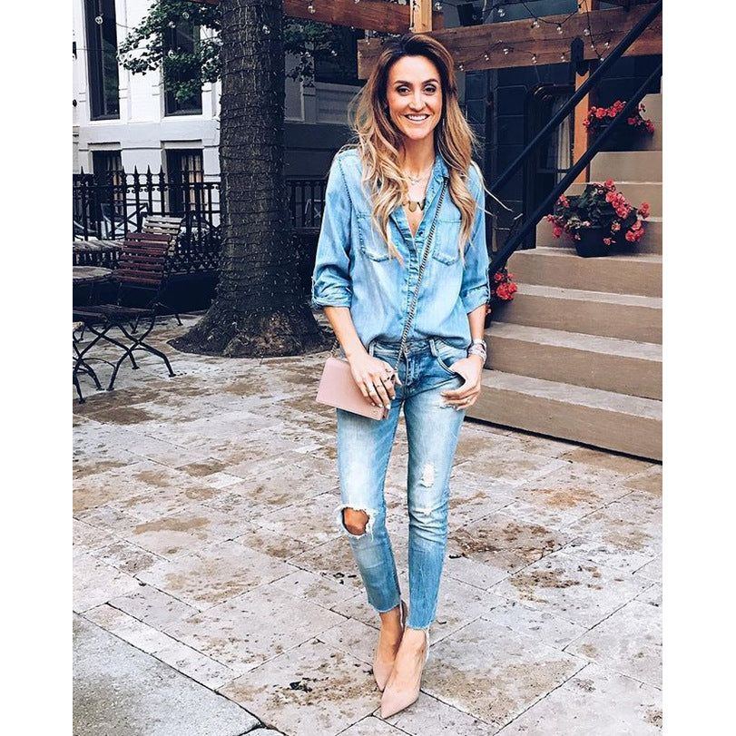 Lapel Denim Shirt Washed Retro Slim Top