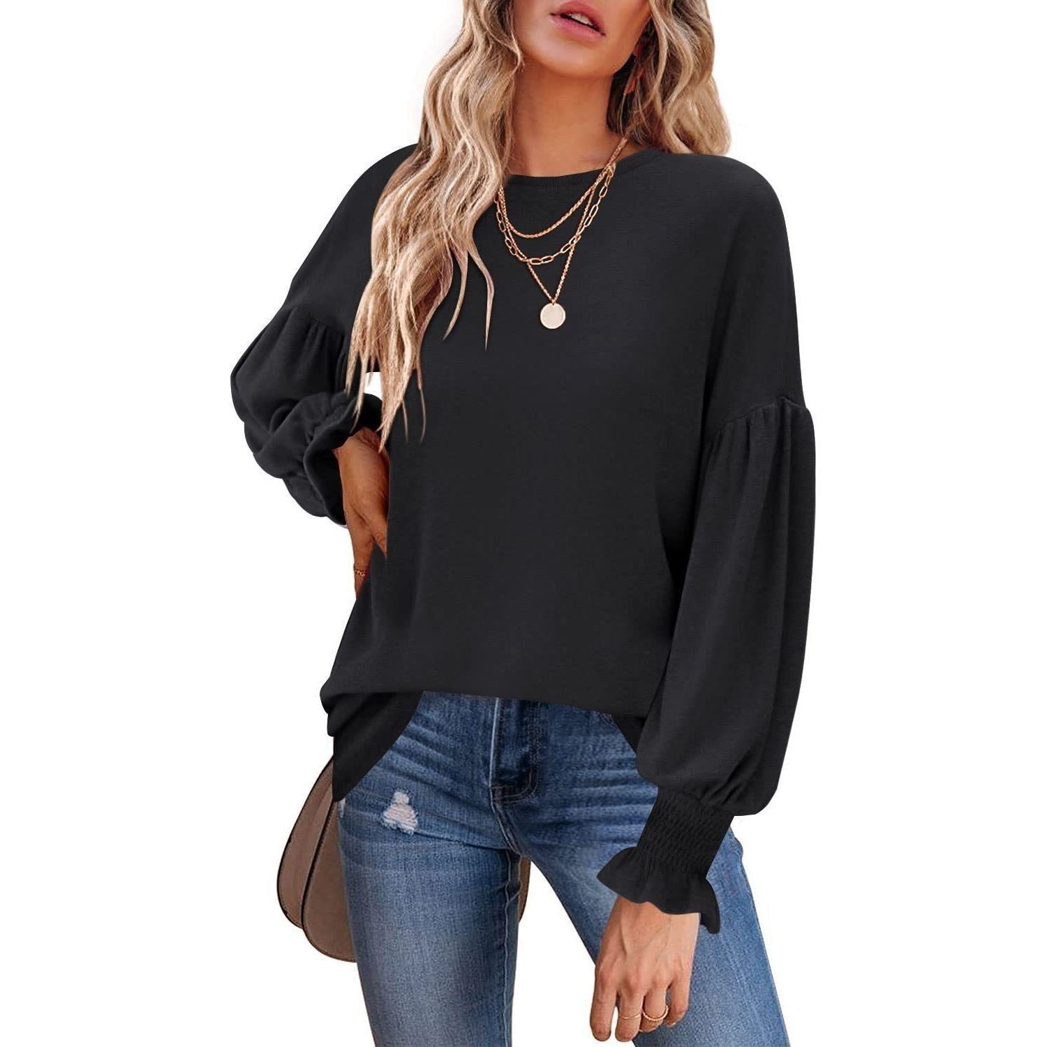 Round Neck Pleated Lantern Sleeve T-shirt for Women, Autumn/Winter.
