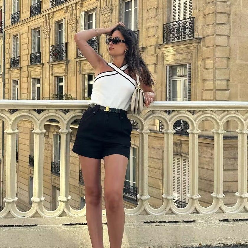 Contrast Color Cross V-neck Sling Top