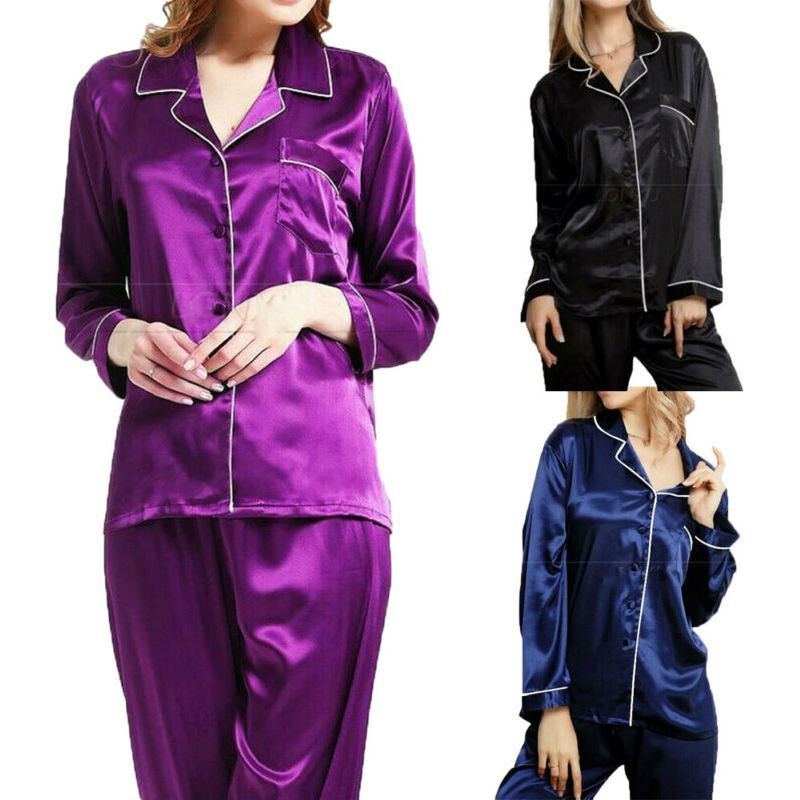 Women Sleepwear Satin Pajamas Sets Long Sleeve Autumn Sleepwear Faux Silk Pajamas Suit Female Homewear - Jointcorp
