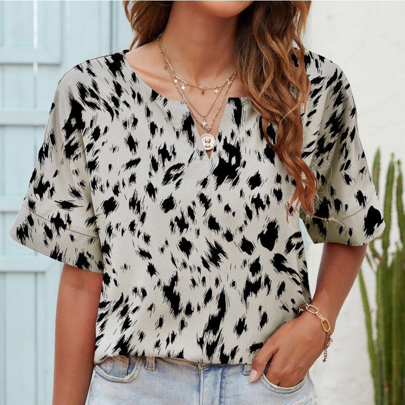 Printed V-neck Short-sleeved Casual Top T-shirt For Women - Jointcorp