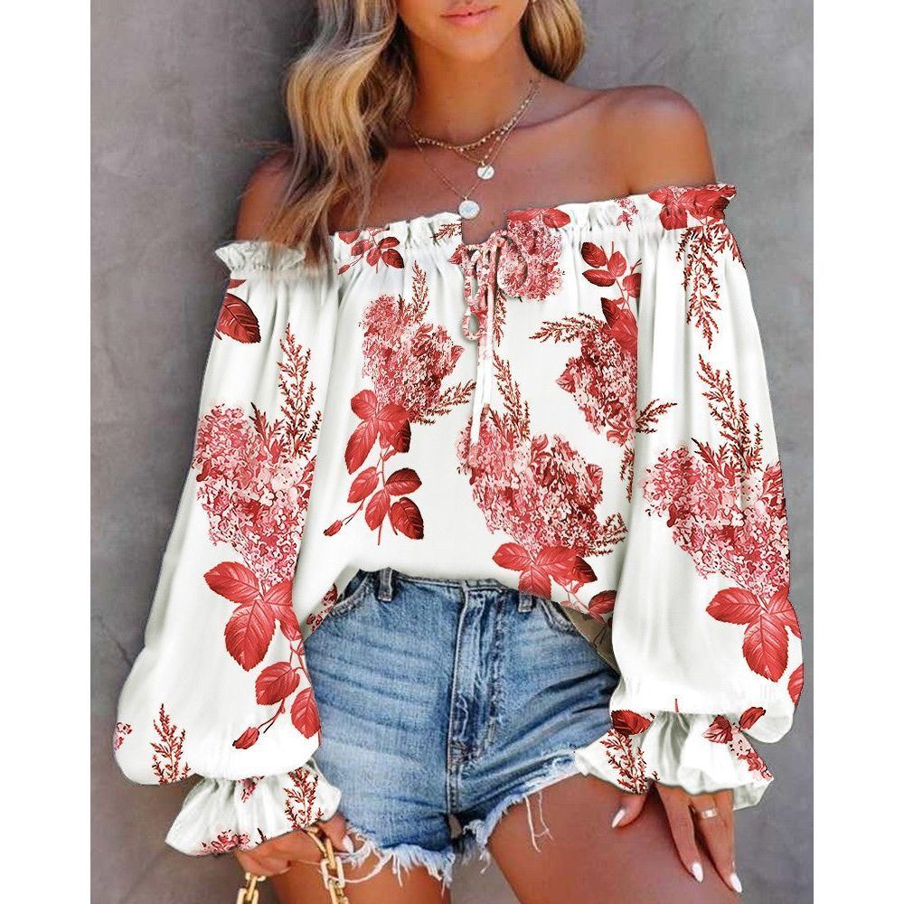 Women's Printed Ruffle Collar Off-the-shoulder Shirt