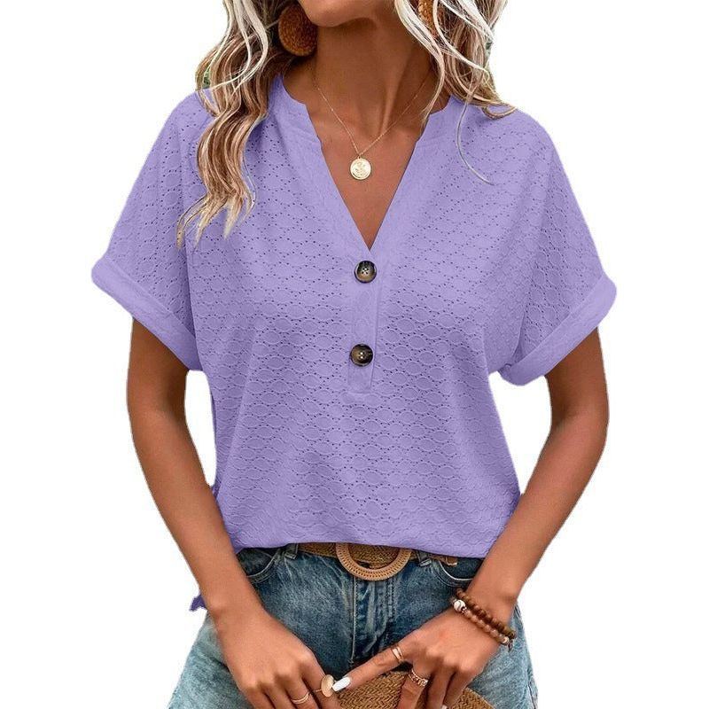 Women's Fashion Casual Solid Color Buttons V-neck T-shirt Women - Jointcorp