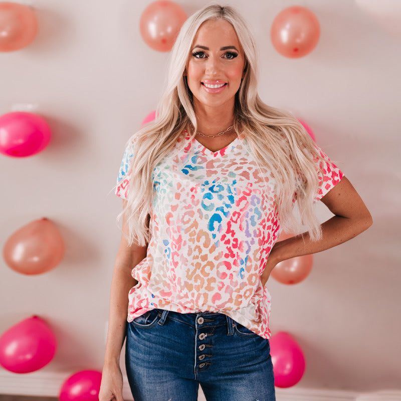 Leopard Print Contrast Color T-shirt Women's Pullover Top