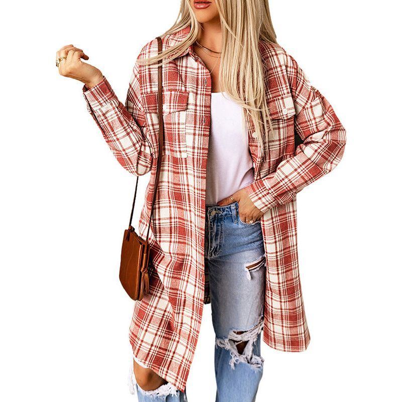 Women's Printed Checks Mid-length Shirt Coat