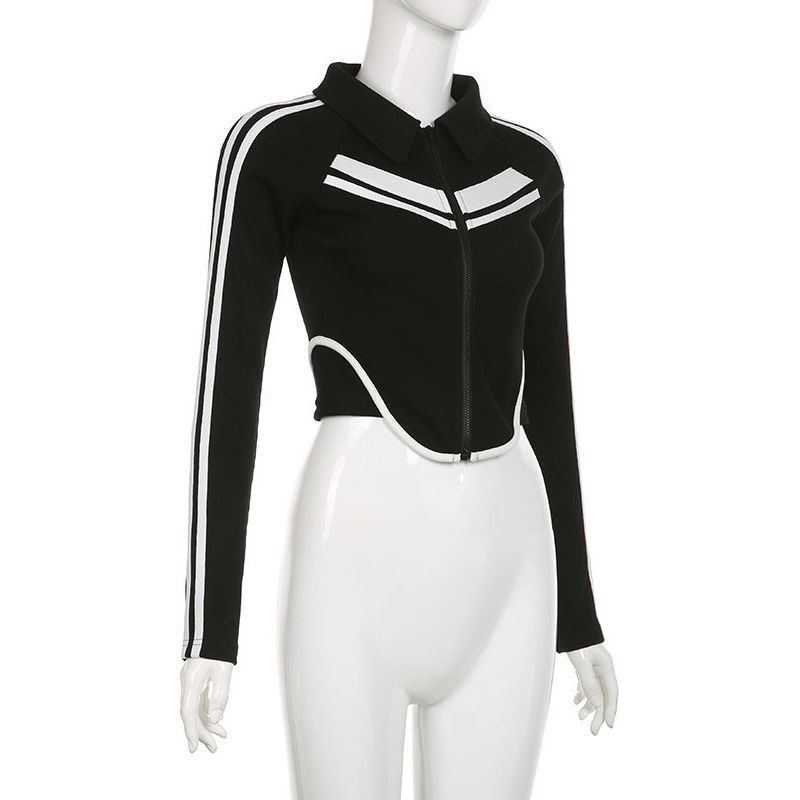 Sweet And Spicy Style Polo Collar Striped Short Stitching Coat Zipper Cardigan Long-sleeve T-shirt