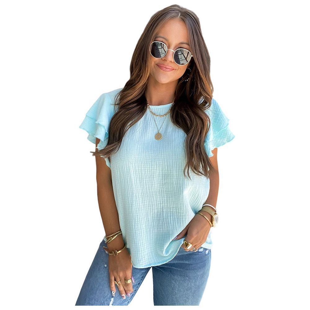 Pink Texture Layered Pleated Short Sleeves Shirt Women's Summer Fashion Loose Pullover