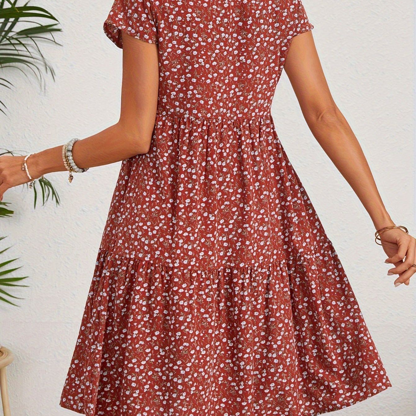 Floral Print Crew Neck Dress, Vintage Short Sleeve Dress For Spring & Summer, Women's Clothing