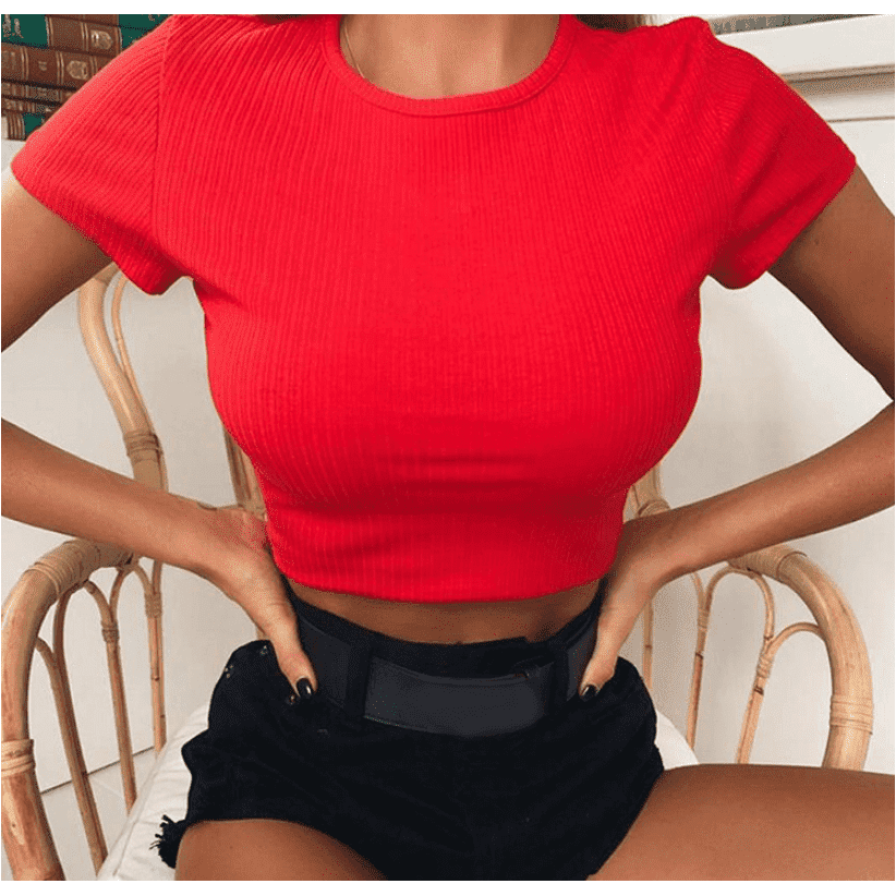 Neon Knitted Tshirt Women O Neck Short Sleeve Tee& Shirts Sexy Crop Top Girls