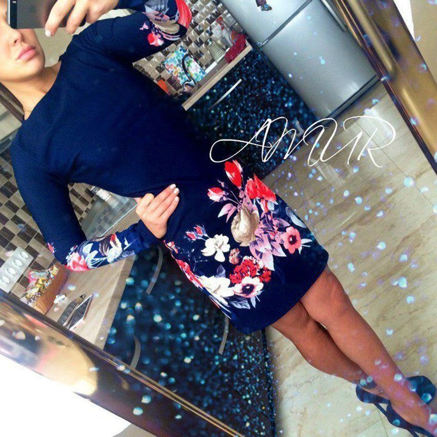 Women Dress O Neck Polka Dot Floral Print Pencil Dress Long Sleeve Bodycon Mini Night Club Party Dresses Vestido - Jointcorp