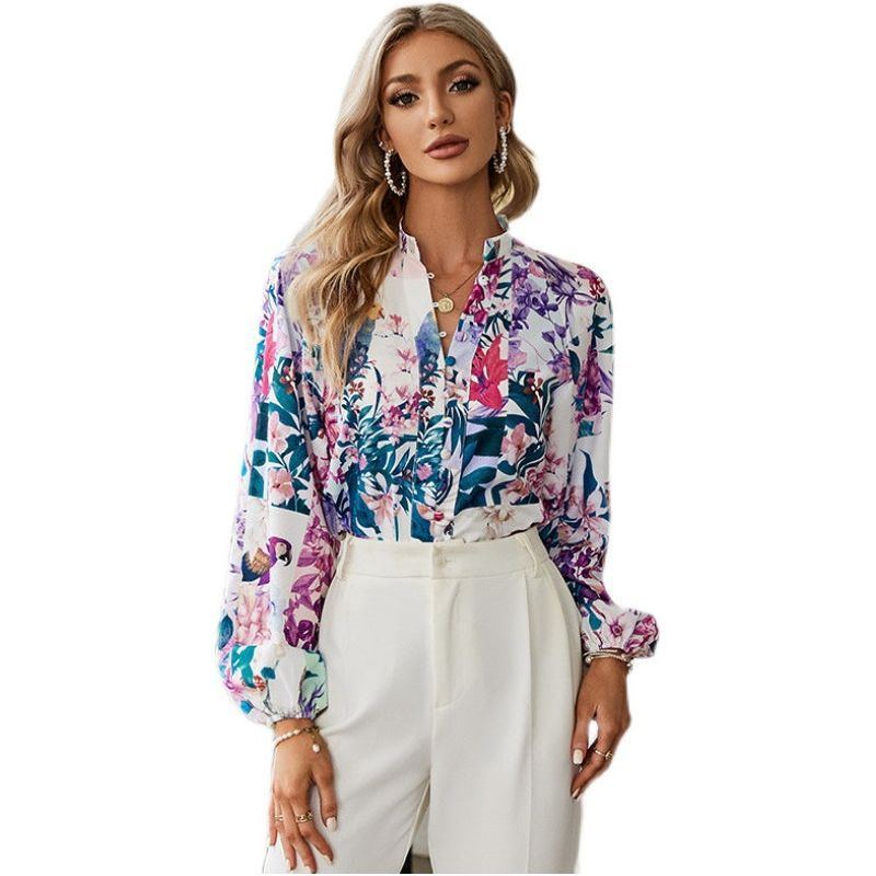 Women's Printed Balloon Sleeve Shirt Stand Collar Long Sleeves