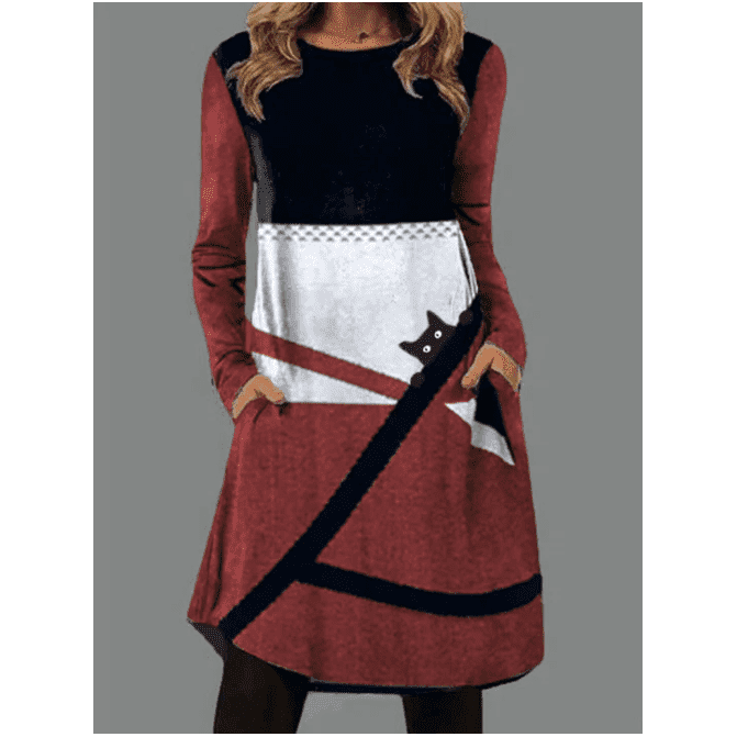 New Women's Printed Round Neck Long Sleeve Pocket Dress - Jointcorp