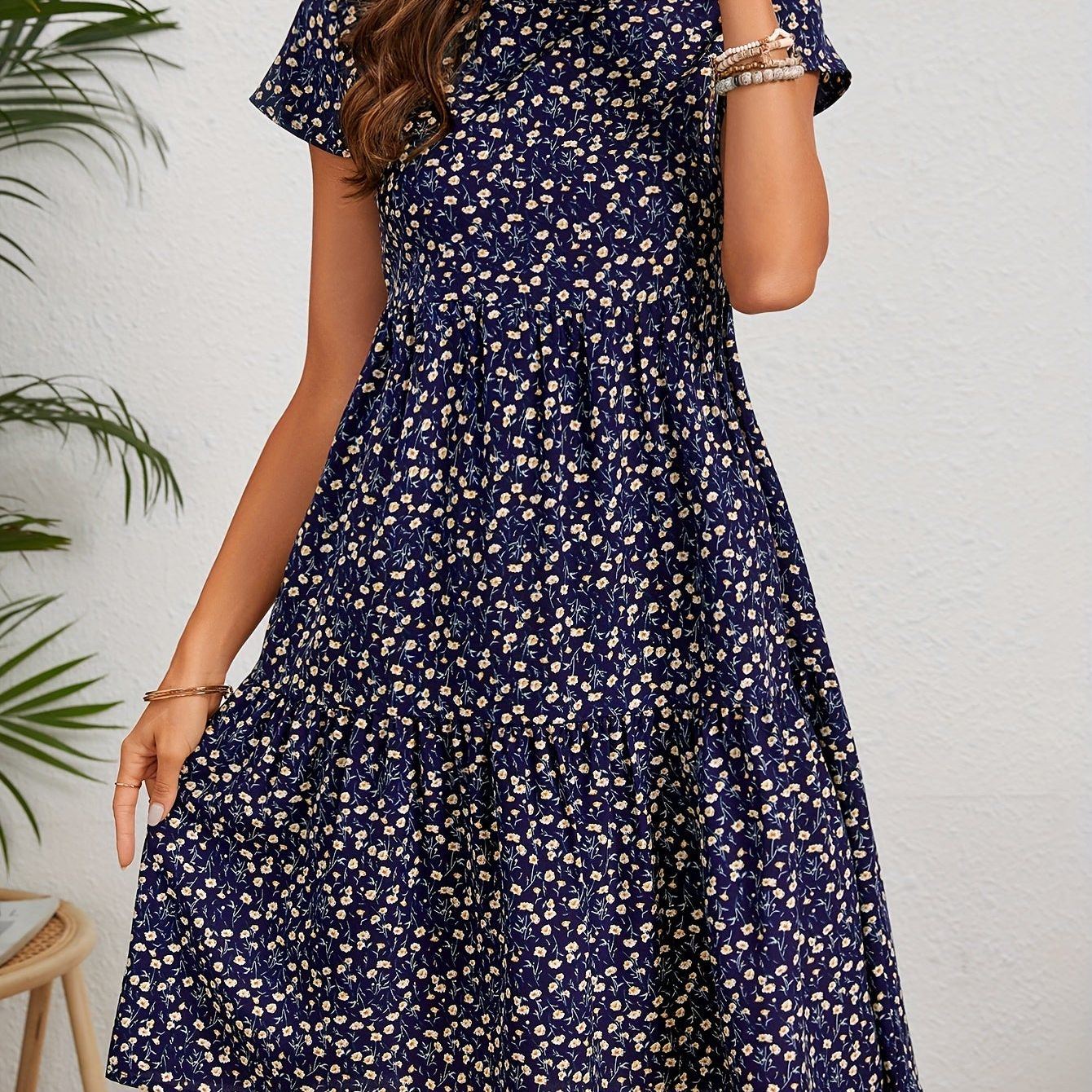 Floral Print Crew Neck Dress, Vintage Short Sleeve Dress For Spring & Summer, Women's Clothing