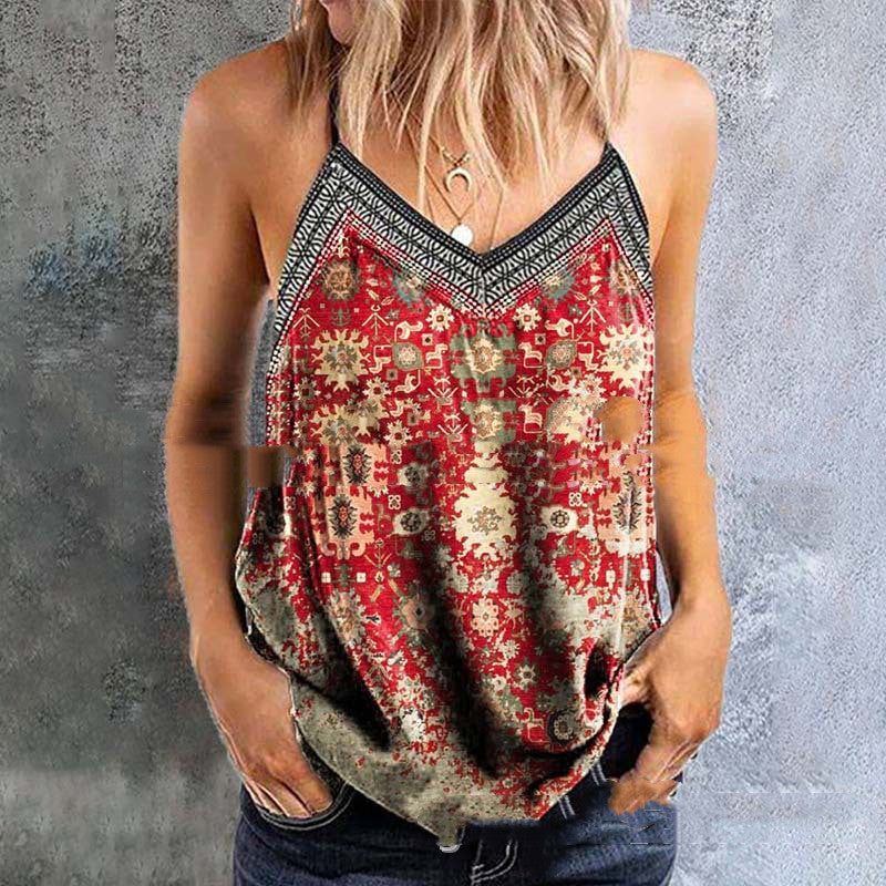 Spaghetti-strap Floral Print Women's Vest T-shirt