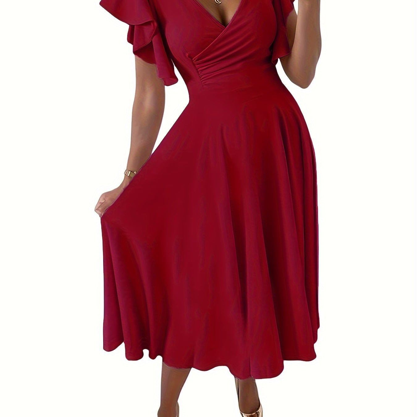 Solid Color Flutter Sleeve Dress, Elegant Surplice Neck A-line Dress, Women's Clothing