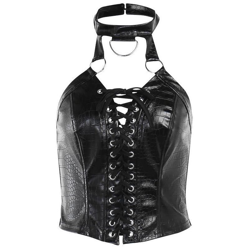 Street Hot Girl Halter Top Sexy Lace-up Vest Pu Leather Dark Style